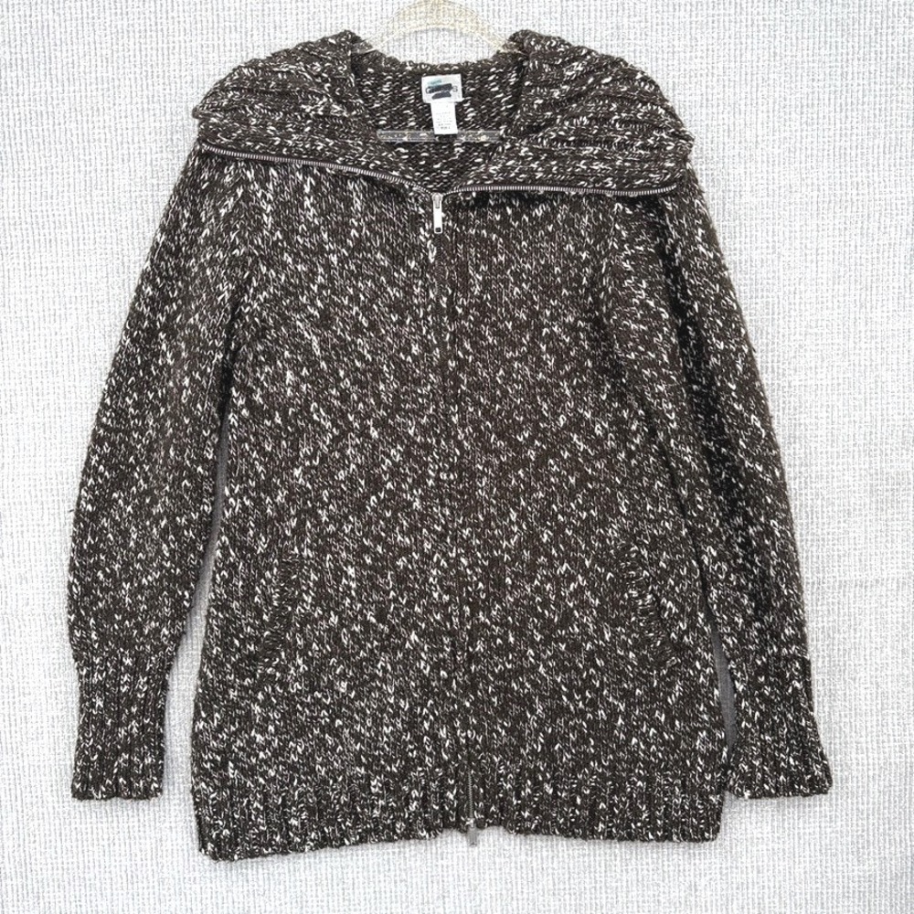 Chicos Sweater Womens Sz L Wool Blend 1/4 Zip Shawl Collar Pockets Marled Knit‎